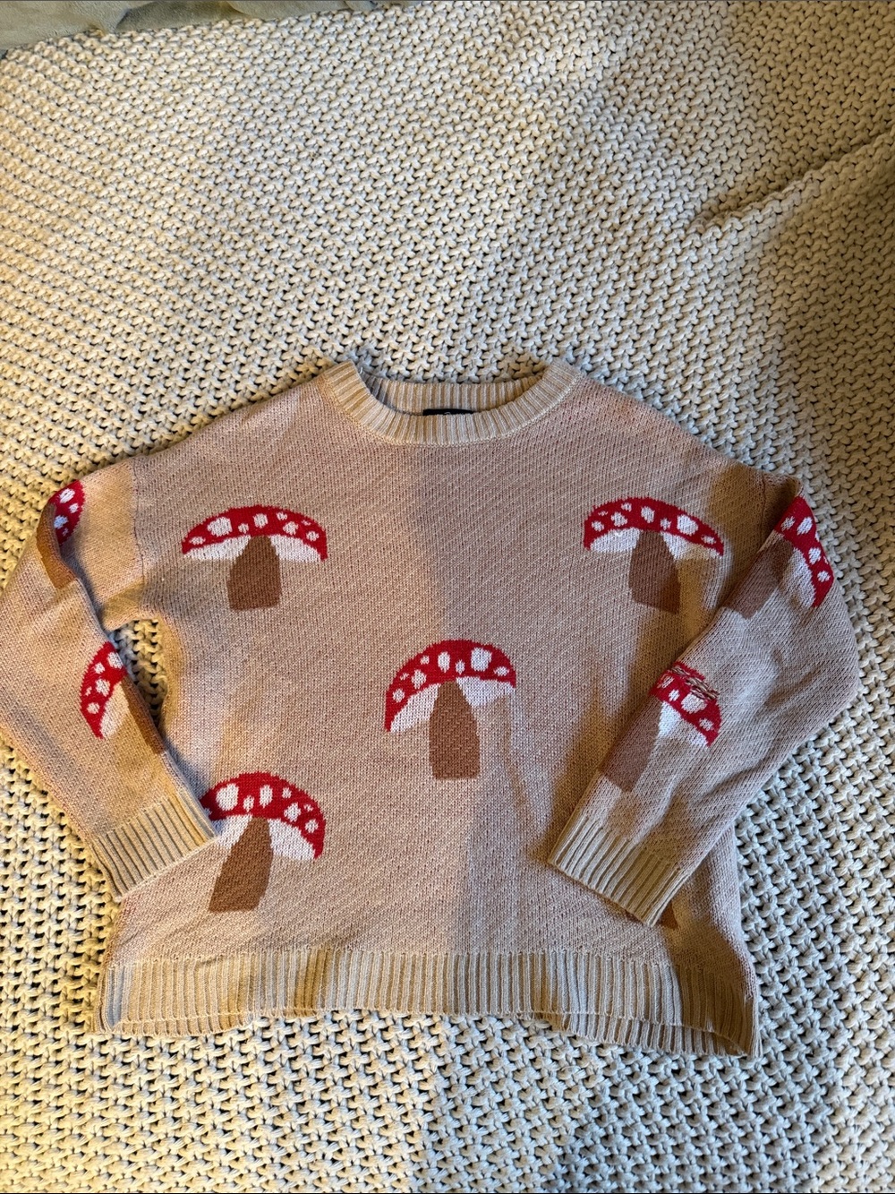 Beige Mushroom Knit Sweater with Red Accent